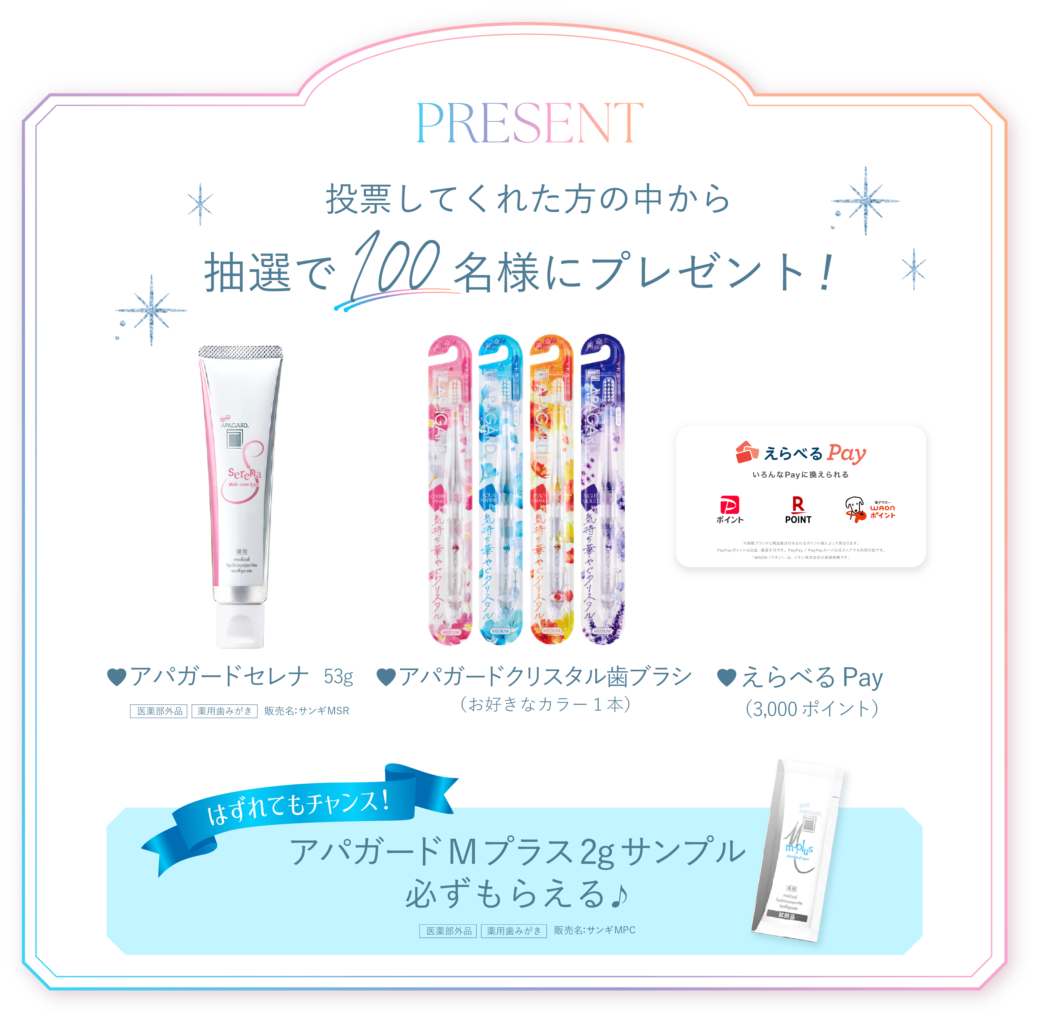 PRESENT 投票してくれた方の中から抽選で100名様にプレゼント!アパガードセレナ53g、アパガードクリスタル歯ブラシ(お好きなカラー1本)、えらべるPay(3,000ポイント)、はずれてもチャンス!アパガードMプラス2gサンプル必ずもらえる♪